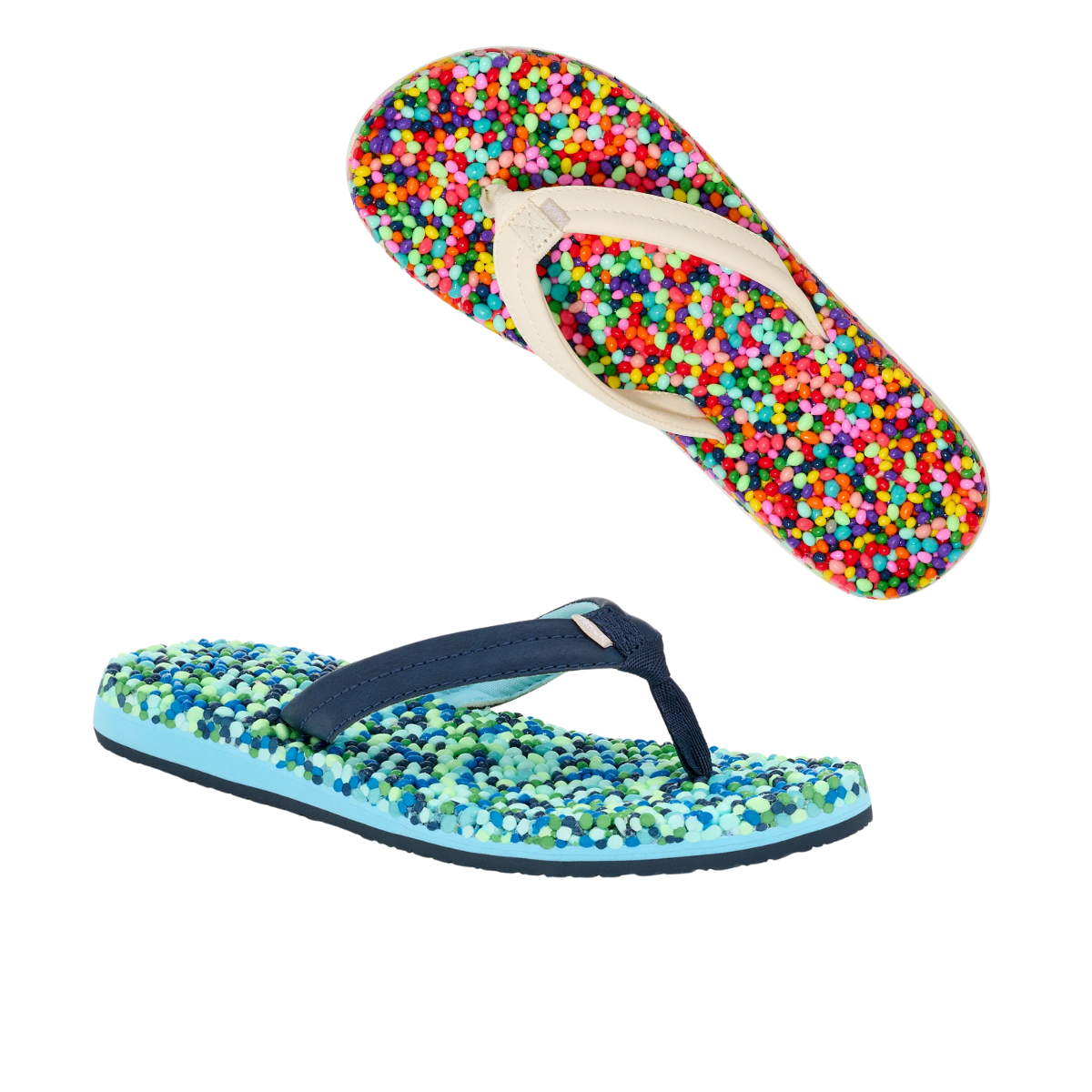 The Sanuk Bubblecush Flip Flops feature two colorful designs: one with a white strap and multicolored beads, the other with a dark strap adorned with blue-green beads. Both boast quick-drying textured soles made from high-rebound performance foam.