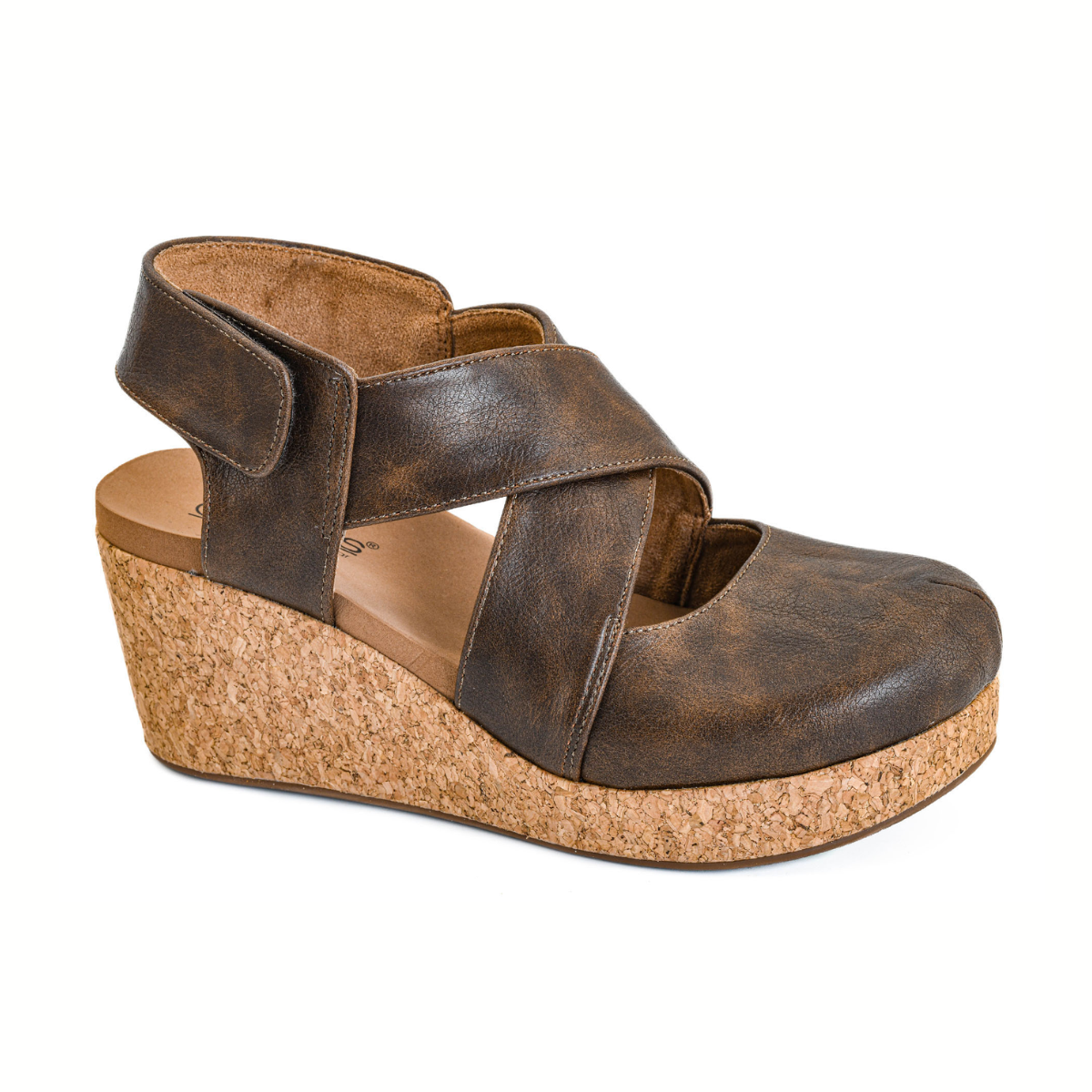 Step out in comfort and style with Case Closed in Brown by CORKY'S FOOTWEAR INC—a brown faux leather wedge sandal featuring a cork heel, crisscross straps, closed toe, cushioned footbed, and Velcro back strap.
