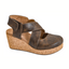 Step out in comfort and style with Case Closed in Brown by CORKY'S FOOTWEAR INC—a brown faux leather wedge sandal featuring a cork heel, crisscross straps, closed toe, cushioned footbed, and Velcro back strap.