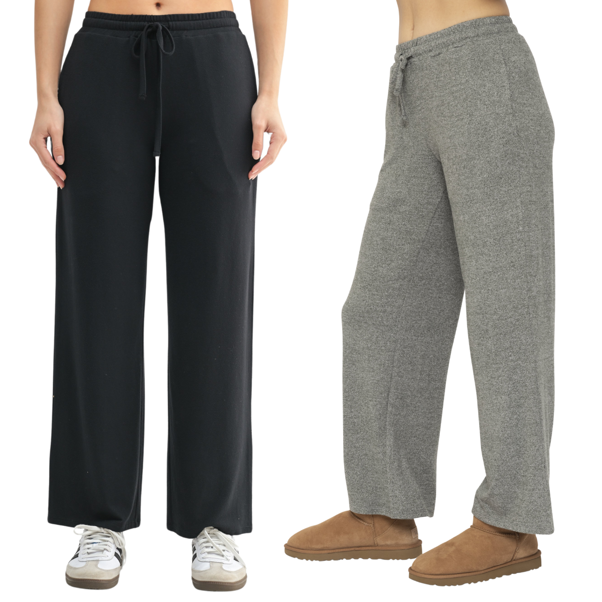 Two people wear Fashiongo’s Brushed Hacci Wide Leg Lounge Pants—one in black with sneakers, the other in grey with slippers. Both pairs feature a drawstring waist and relaxed fit for ultimate comfort.