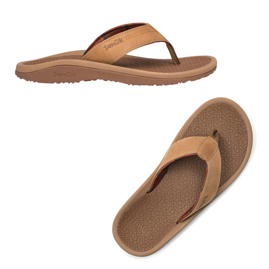 Two views of the On the Rocks Men's Flip Flop in Tan by Sanuk: one angled to show the side and sole, and the other reveals the top view with textured EVA footbed and tan straps.