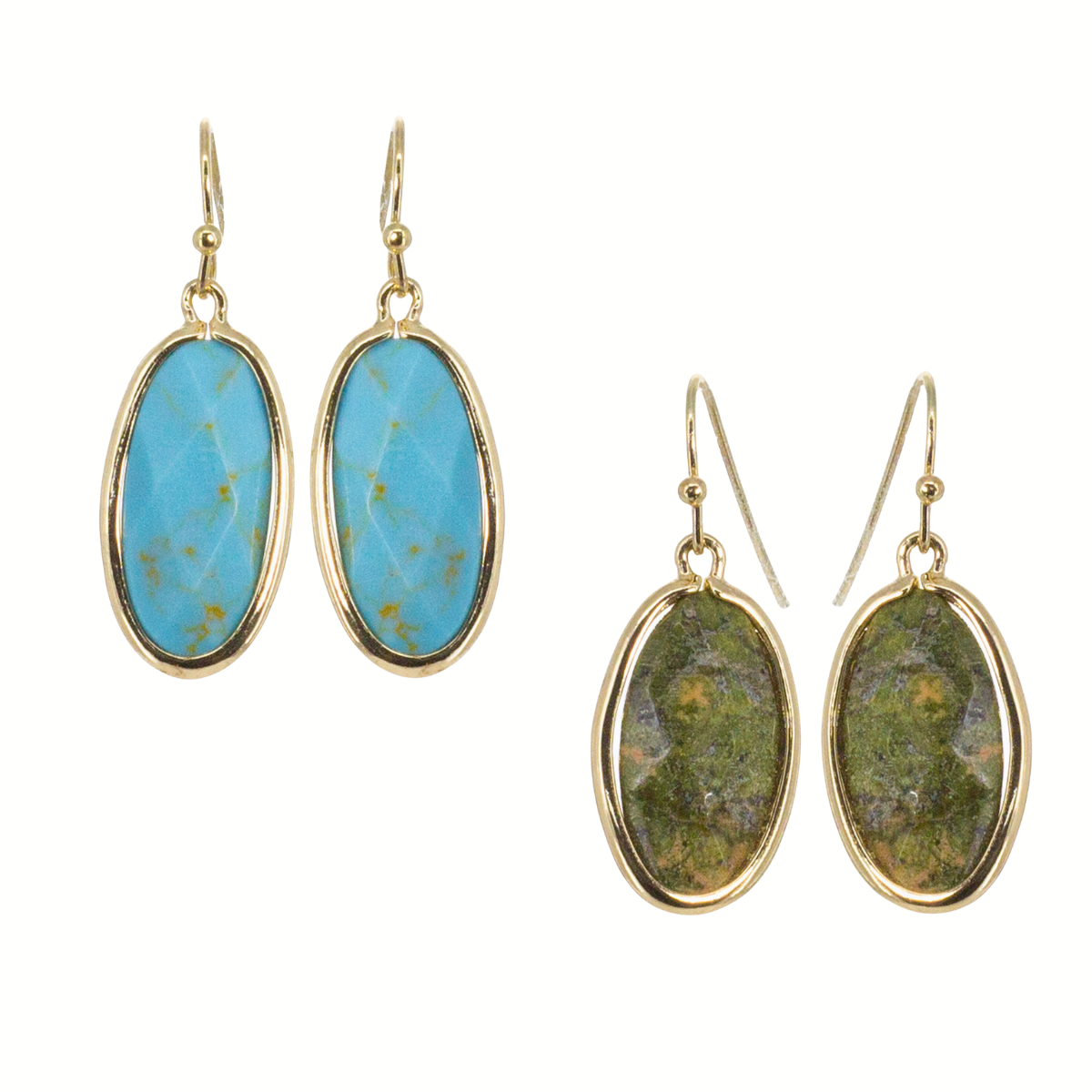 This set includes two pairs of FASHION GO Semi Precious Stone Earrings: one with oval turquoise stones and gold-tone frames, and another with green semi-precious stones in oval gold-tone settings.