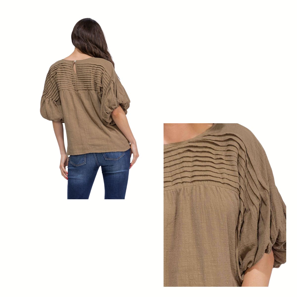 A woman wears the FASHION GO Puff Sleeve Blouse—a loose-fitting brown women's top with textured fabric and pleated details, styled with blue jeans for chic everyday fashion.