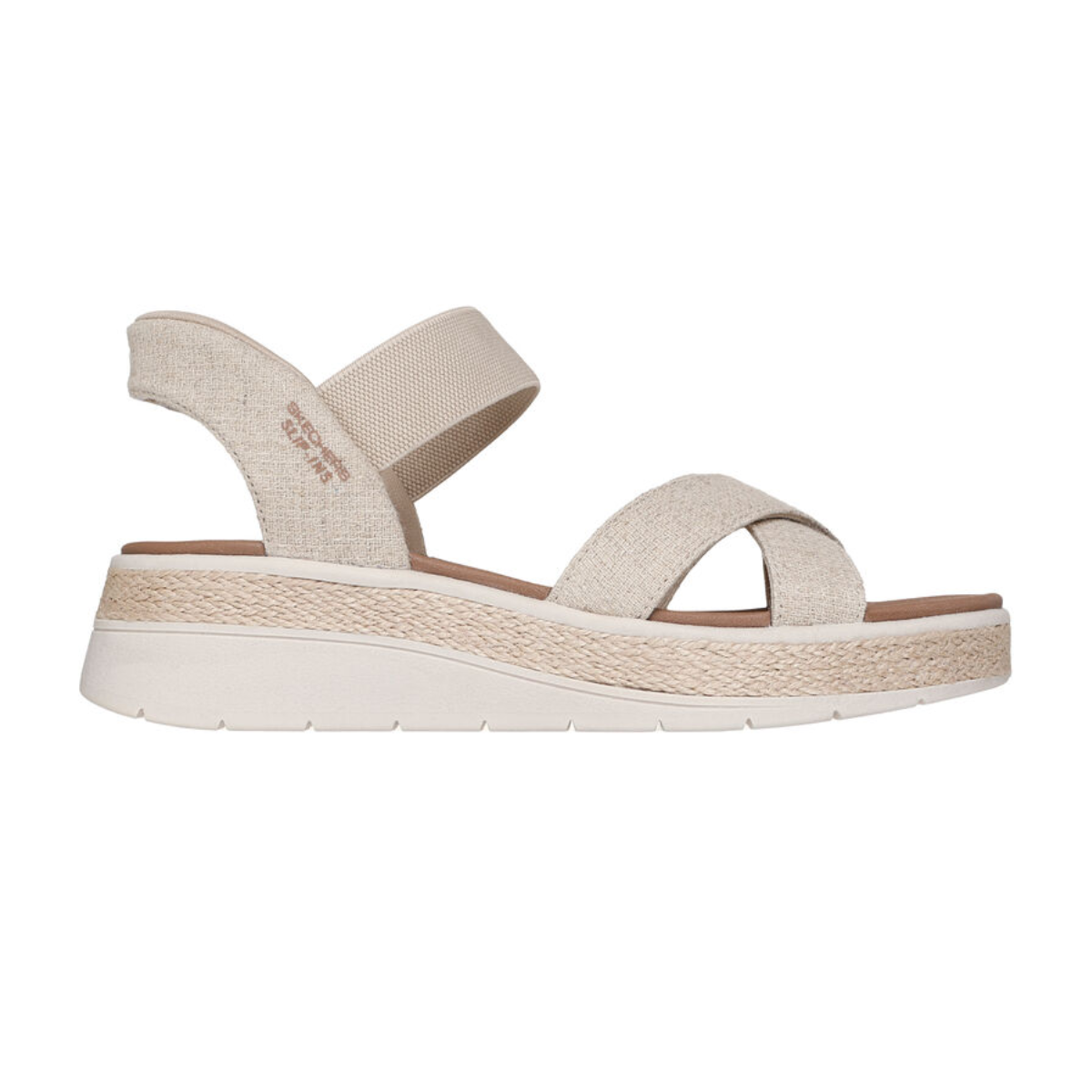 The Skechers Slip-ins: BOBS Sun Ray - Bright Take in Natural are beige wedge sandals featuring crisscross straps, an elastic backstrap, a textured platform sole, and a cushioned comfort footbed from SKECHERS Hands Free Slip-ins collection.