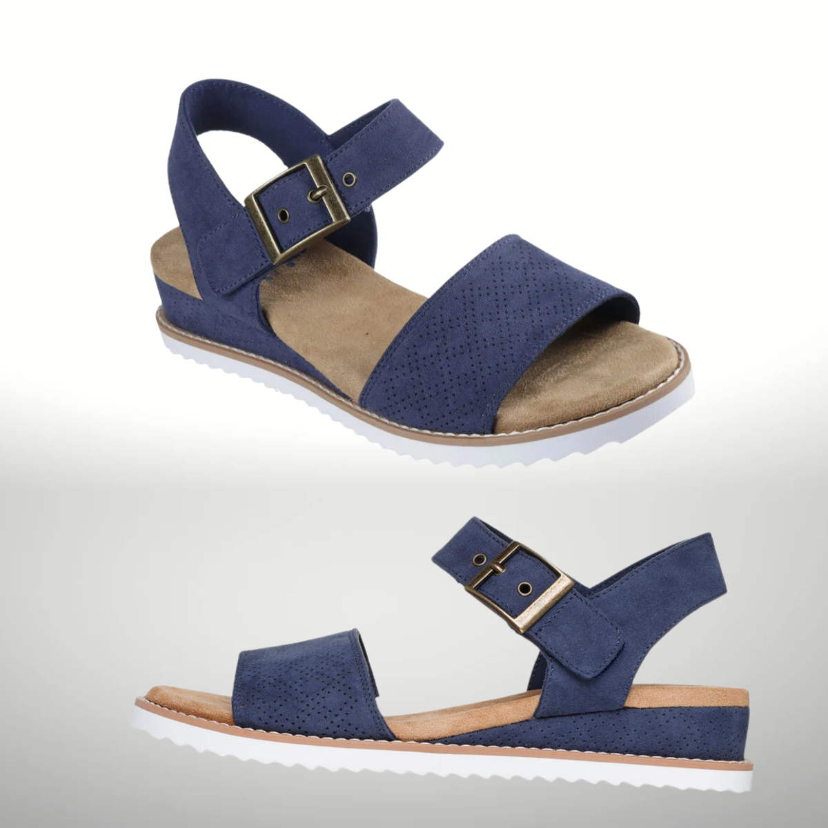 The BOBS Desert Kiss - Serendipitous in Navy by Skechers boasts a perforated strappy design with an adjustable ankle strap, a beige footbed with Skechers Memory Foam for comfort, and a chic white rubber sole. Available in top and side views.
