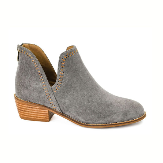 The Bluffin Grey Faux Suede Ankle Bootie by CORKY'S FOOTWEAR INC features tan stitching, a low stacked wooden heel, cushioned insole, and side cutout detail, shown on a white background.