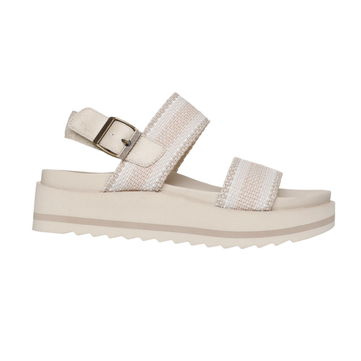 Side view of a beige Skechers Arch Fit Comfort Beach platform sandal by SKECHERS, featuring two thick straps, an ankle strap with a buckle, and a textured sole for arch comfort.