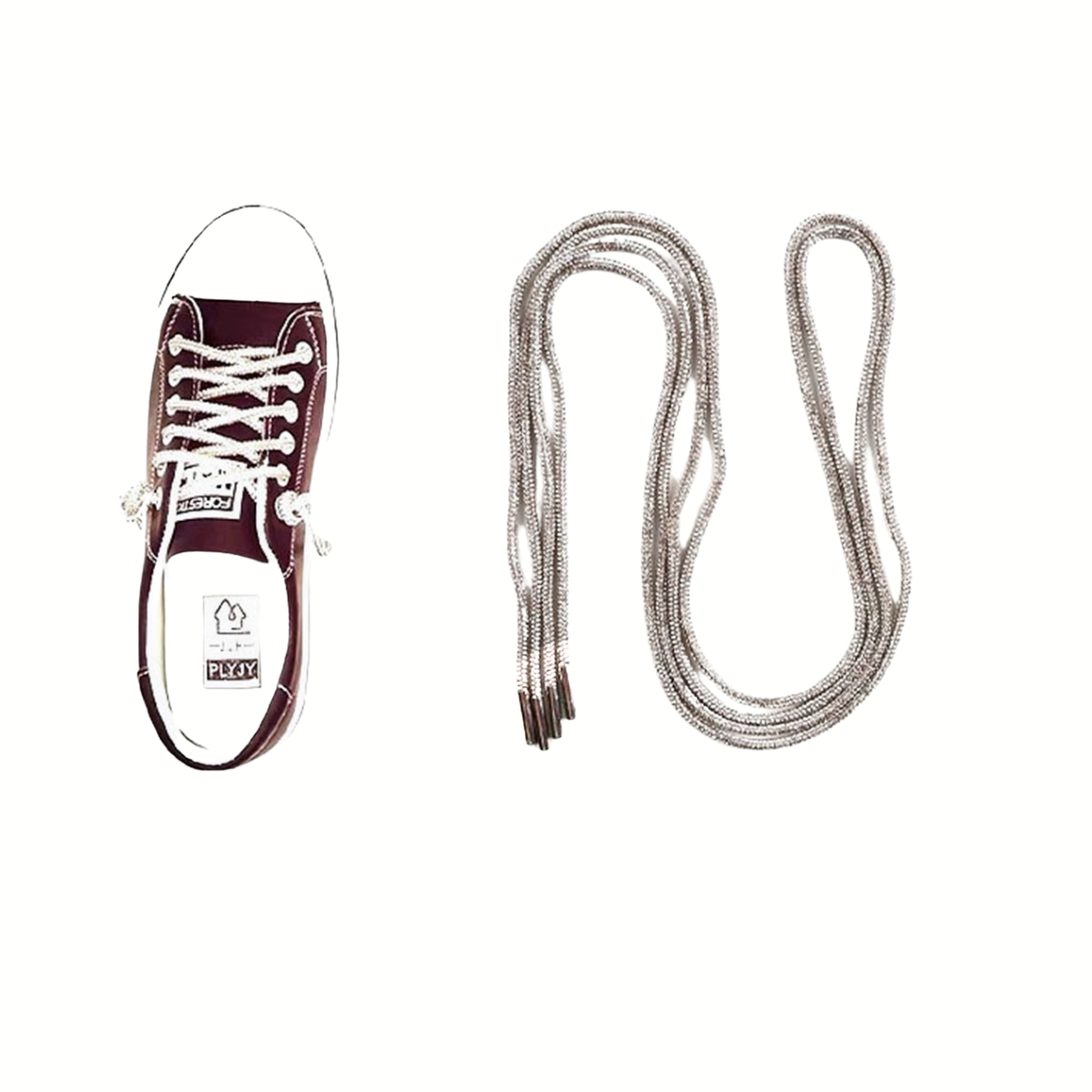 On the left, Sharon's Closet Rhinestone Shoelaces with silver aglets are laced into a maroon sneaker, while on the right a long metallic chain is coiled—both displayed against a white background.