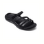 The Lakeshore Sandal in Black by JOYBEES features a textured footbed and multiple straps, including a small adjustable one. This lightweight sandal is perfect for seaside strolls. Shown from an angle.
