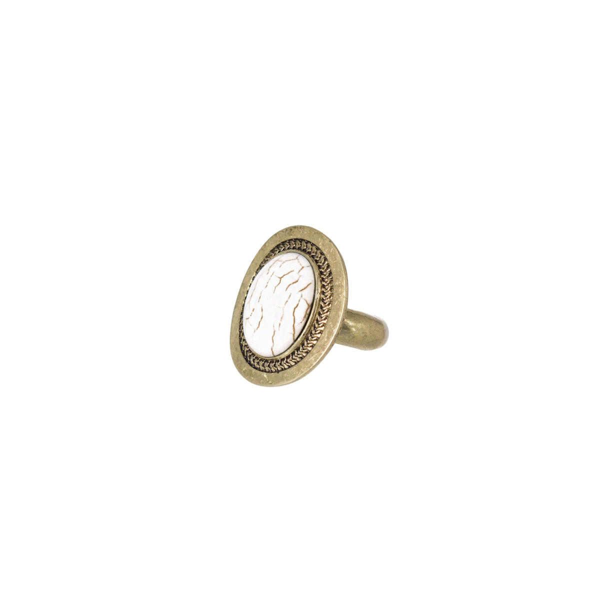 The Oval Stone Ring with Stretch Band by Sharon's Closet features a brass band and an oval white stone with brown veining, set in a decorative bezel, displayed against a plain white background.