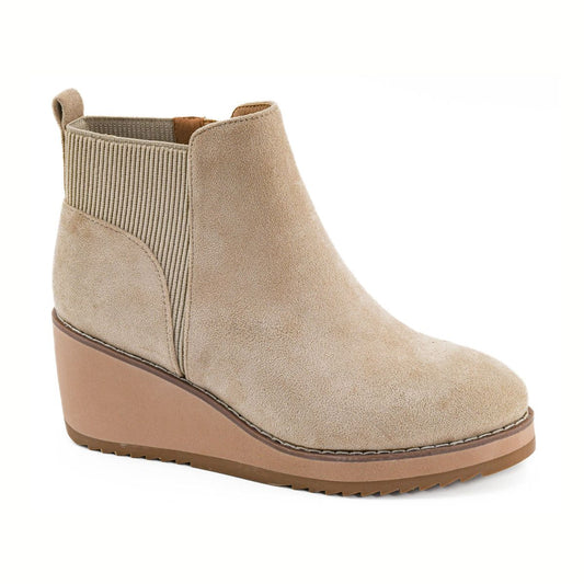 The Apple Sauced Sand Faux Suede Ankle Boot by CORKY'S FOOTWEAR INC features a wedge heel, elastic side panel, cushioned insole, and back pull tab.