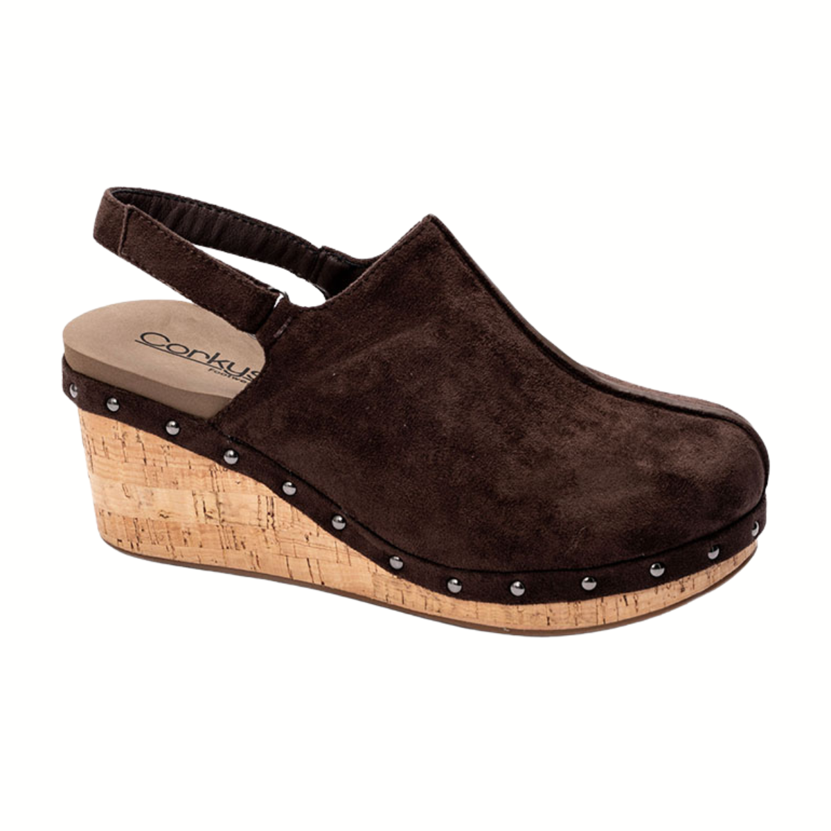 Brown faux suede clogs with a cork wedge heel, slingback strap, and metal studs along the sole—discover the Make Em Blush Wedge Clog by CORKY'S FOOTWEAR INC.