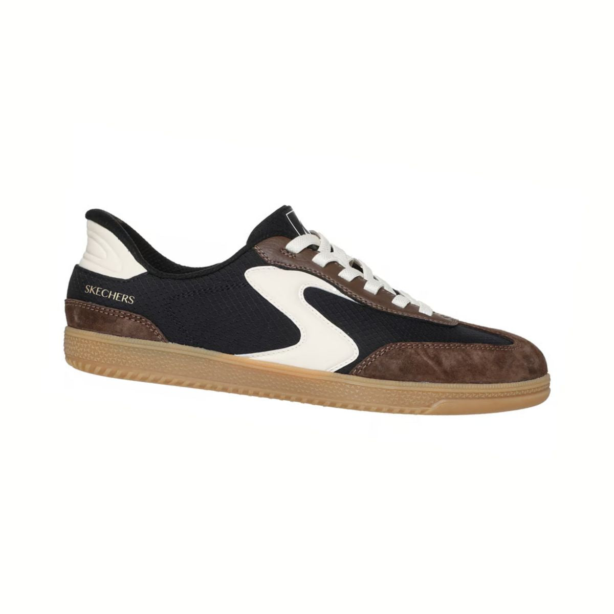 The SKECHERS USA INC Hotshot - Everyday Ease Slip Ins sneaker in brown, black, and white features a gum sole and cushioned insole, shown on a white background.