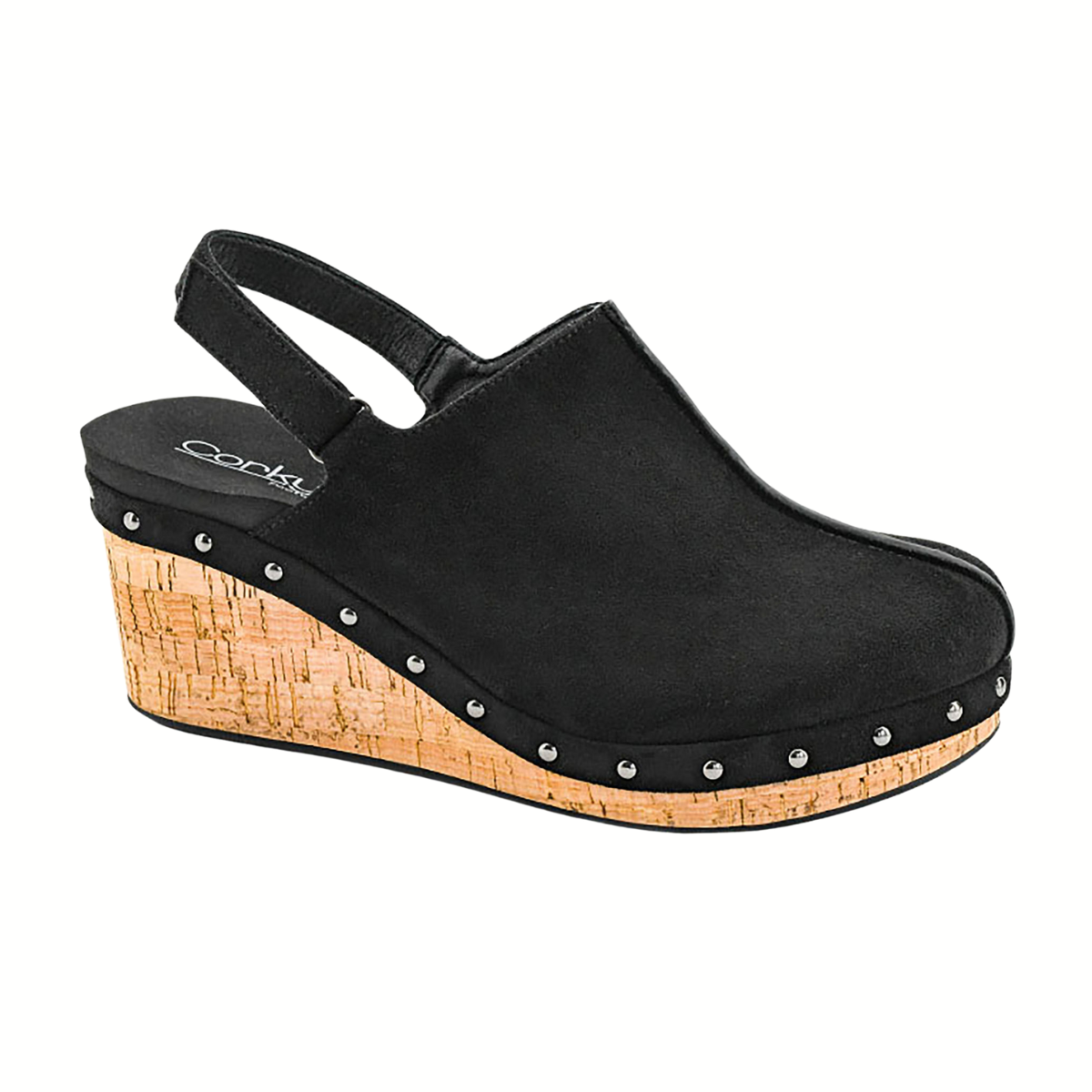 The Make Em Blush Wedge Clog by CORKY'S FOOTWEAR INC features a black slingback design, platform cork sole, and silver stud accents for a trendy, elevated look inspired by boutique and faux suede clogs.