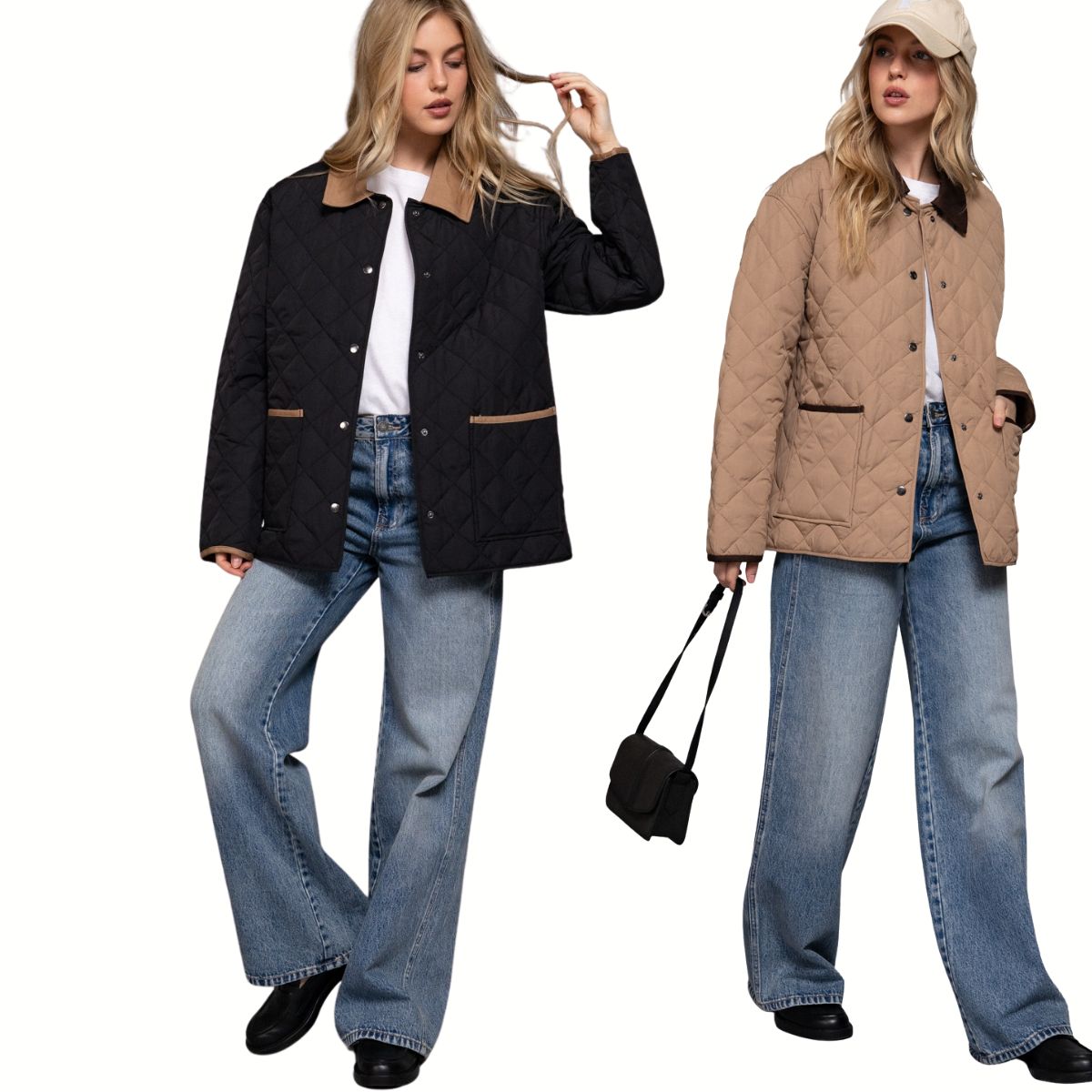 Two women wear FASHION GO Long Sleeve Puffer Jackets with contrasting collars—one in black, one in tan—over white tops and blue wide-leg jeans. One carries a small black handbag and wears a beige cap; both finish the look with black shoes.