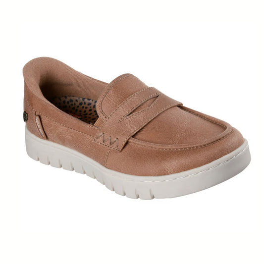 The Arch Comfort Sunfest Skechers Slip-ins by Flipflops & Whatnots are light brown slip-ons with a white rubber sole, visible stitching, and a dotted textured lining—ideal for anyone seeking comfortable arch support shoes.