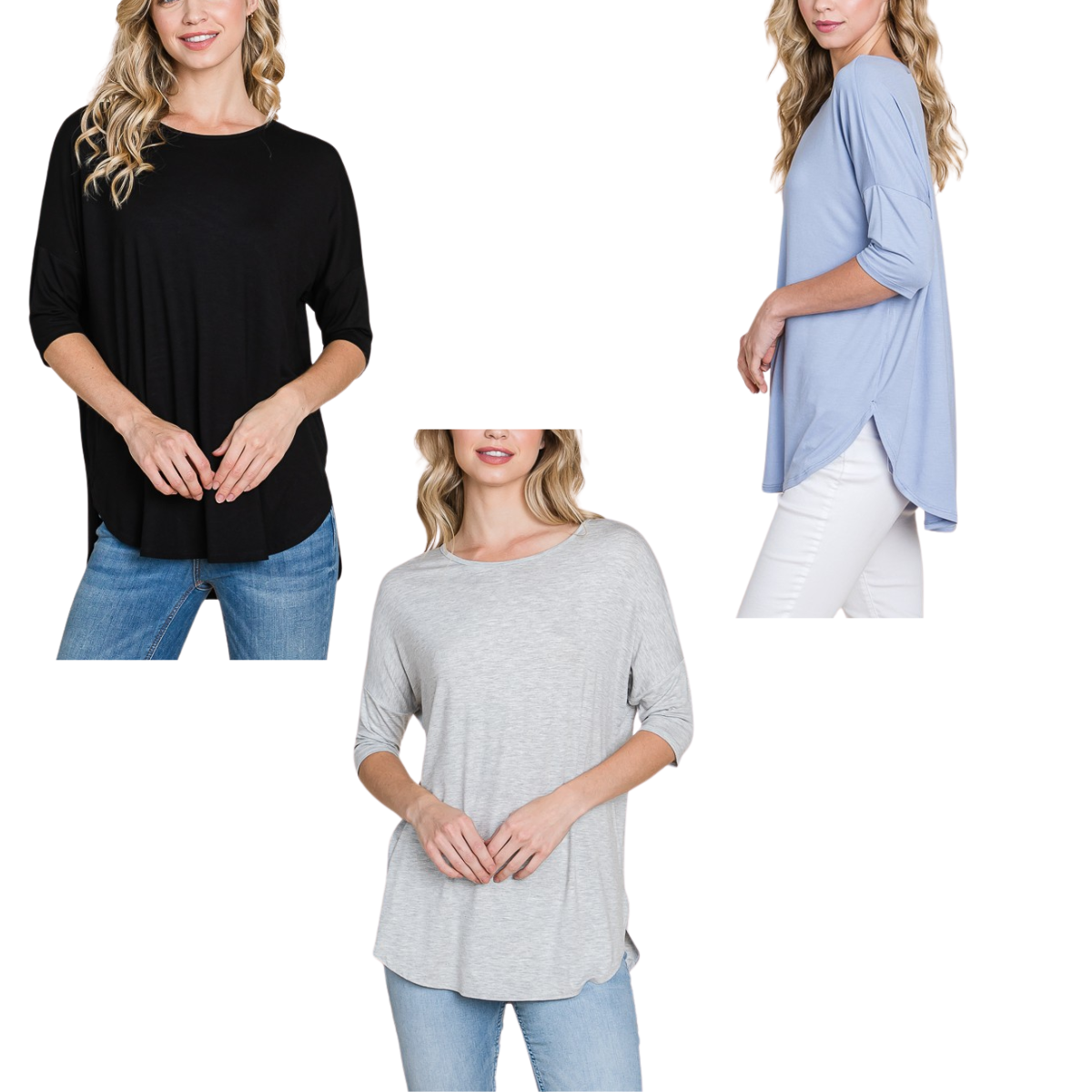 Three women model FASHION GO Basic Crew Neck T-Shirts with 3/4 sleeves in black, light blue, and light gray rayon spandex, set against a white background.