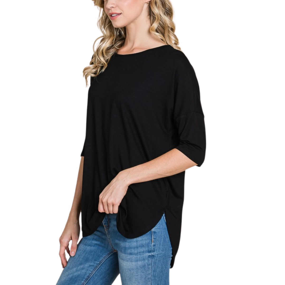 A woman stands in a relaxed pose against a white background, wearing the FASHION GO Basic Crew Neck T-Shirt in black with elbow-length sleeves and blue jeans.
