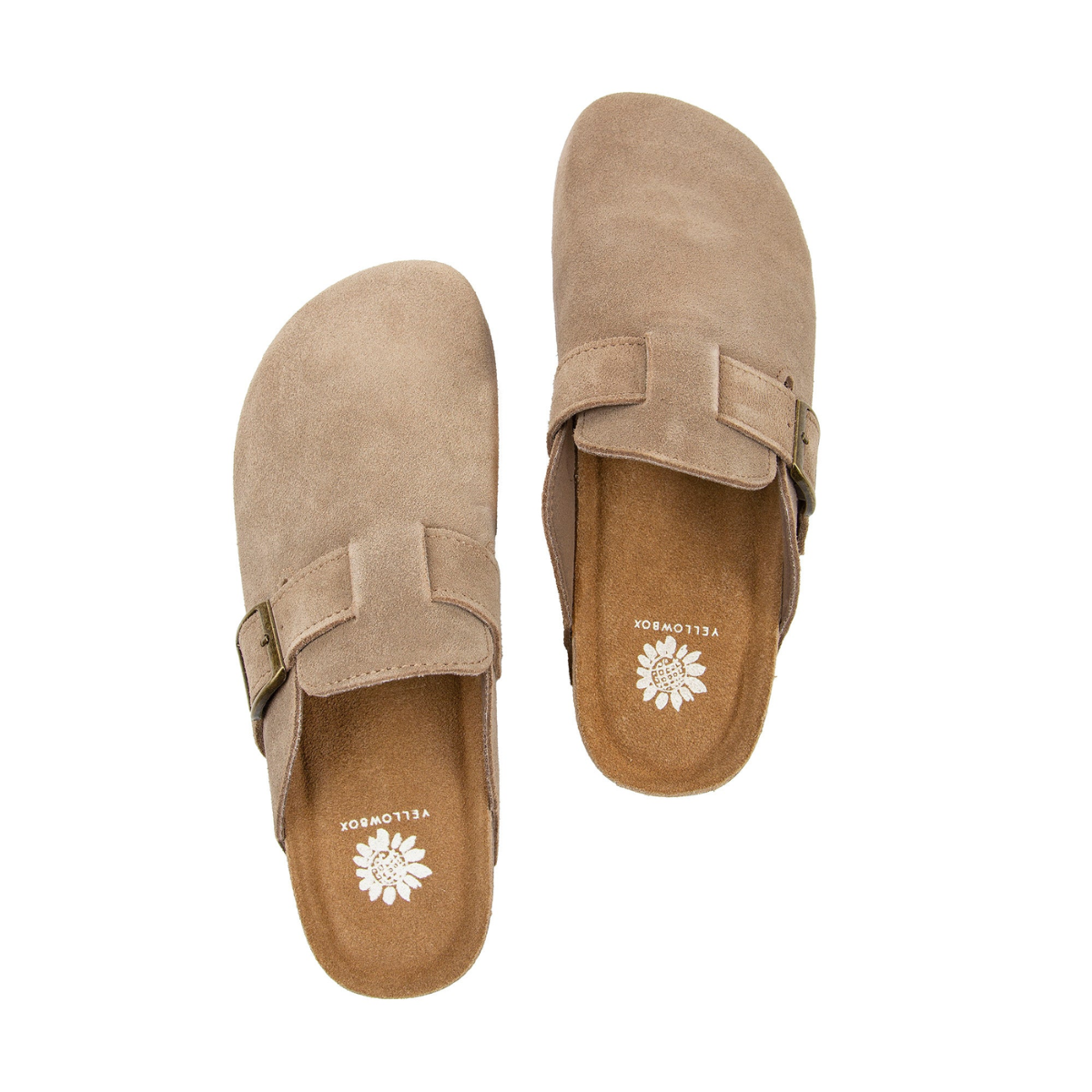 A pair of taupe suede Maire Flatform Leather Clogs by YELLOW BOX - CIT, featuring buckle detail, brown insoles, and a trendy flatform sole, viewed from above.