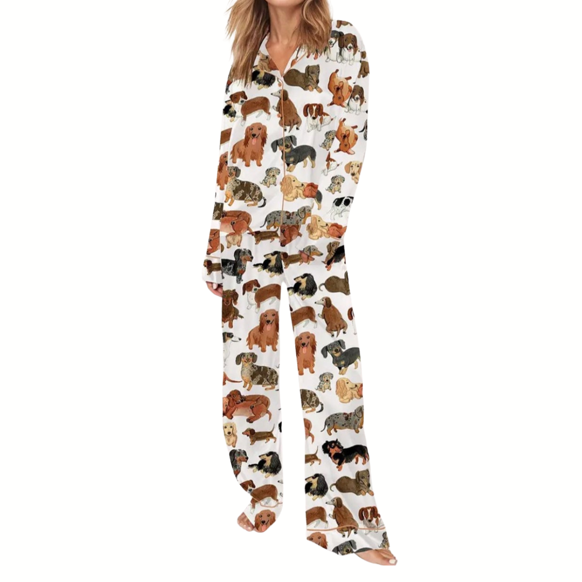 A woman stands barefoot against a white background, wearing Fashiongo's Weeinie Dog Pajama Sets featuring a silky-soft fabric and a vibrant dachshund print.