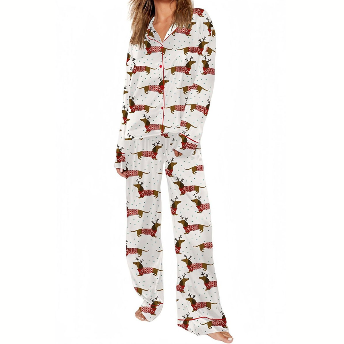 Wearing Fashiongo’s Weeinie Dog Pajama Sets, which feature a dachshund print on a silky-soft button-up shirt and matching pants, a person stands against a plain background.