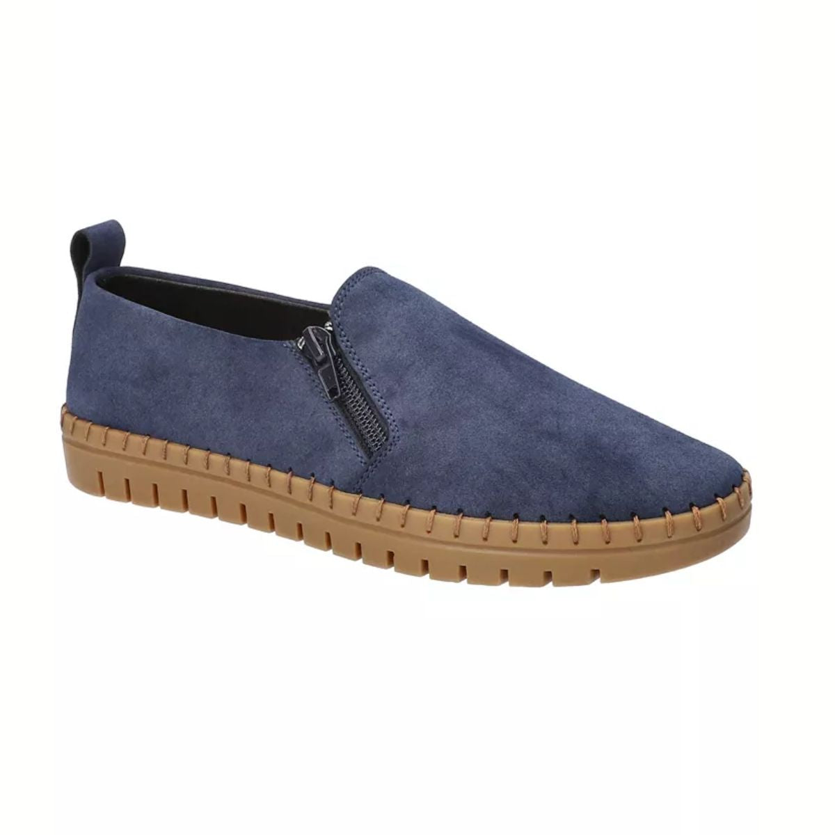 The EASY STREET Astoria Zip Up Flats in Navy feature a suede finish, side zipper, and tan rubber sole, offering women a stylish and comfortable slip-on flat for casual wear.
