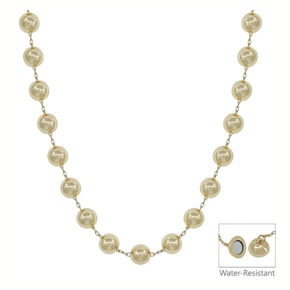 The 10MM PEARL CHAIN MAGNETIC CLASP SHORT NECKLACE by FASHION GO features a close-up of its water-resistant design and clasp accent.
