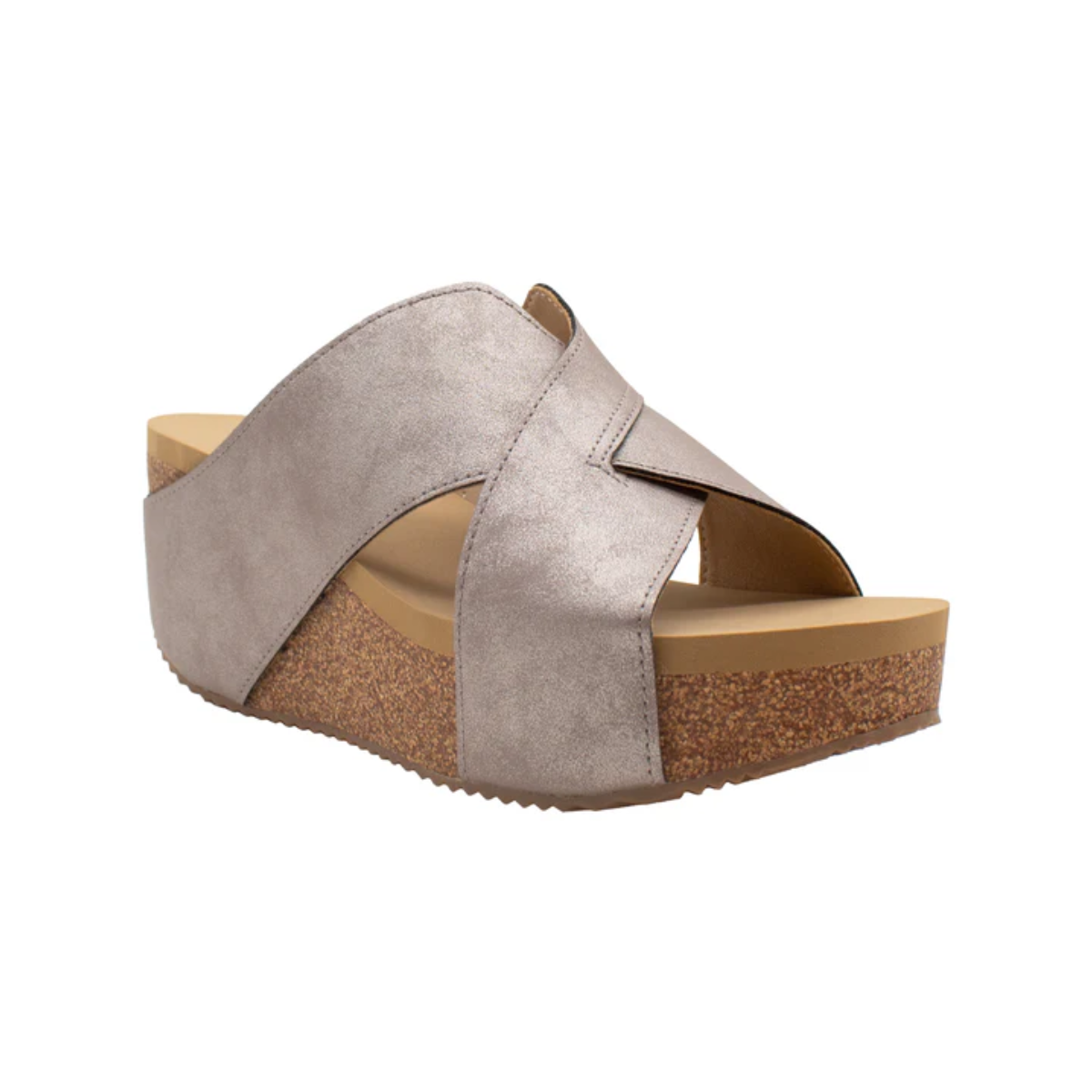 The Firefly Wedge in Pewter by Volatile is a stylish silver open-toe sandal featuring a criss-cross slide design, cork platform, and rubber sole for ultimate style and an EVA insole for ultra comfort all day.