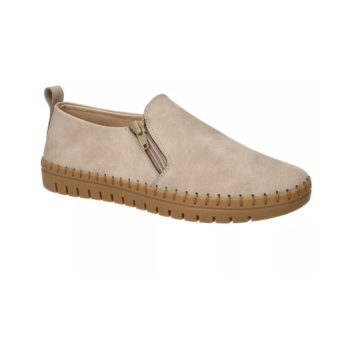 The EASY STREET Astoria Zip Up Flats in Natural feature a light brown sole, cushioned insole, visible stitching, side zipper, and pull tab at the heel, shown on a white background.
