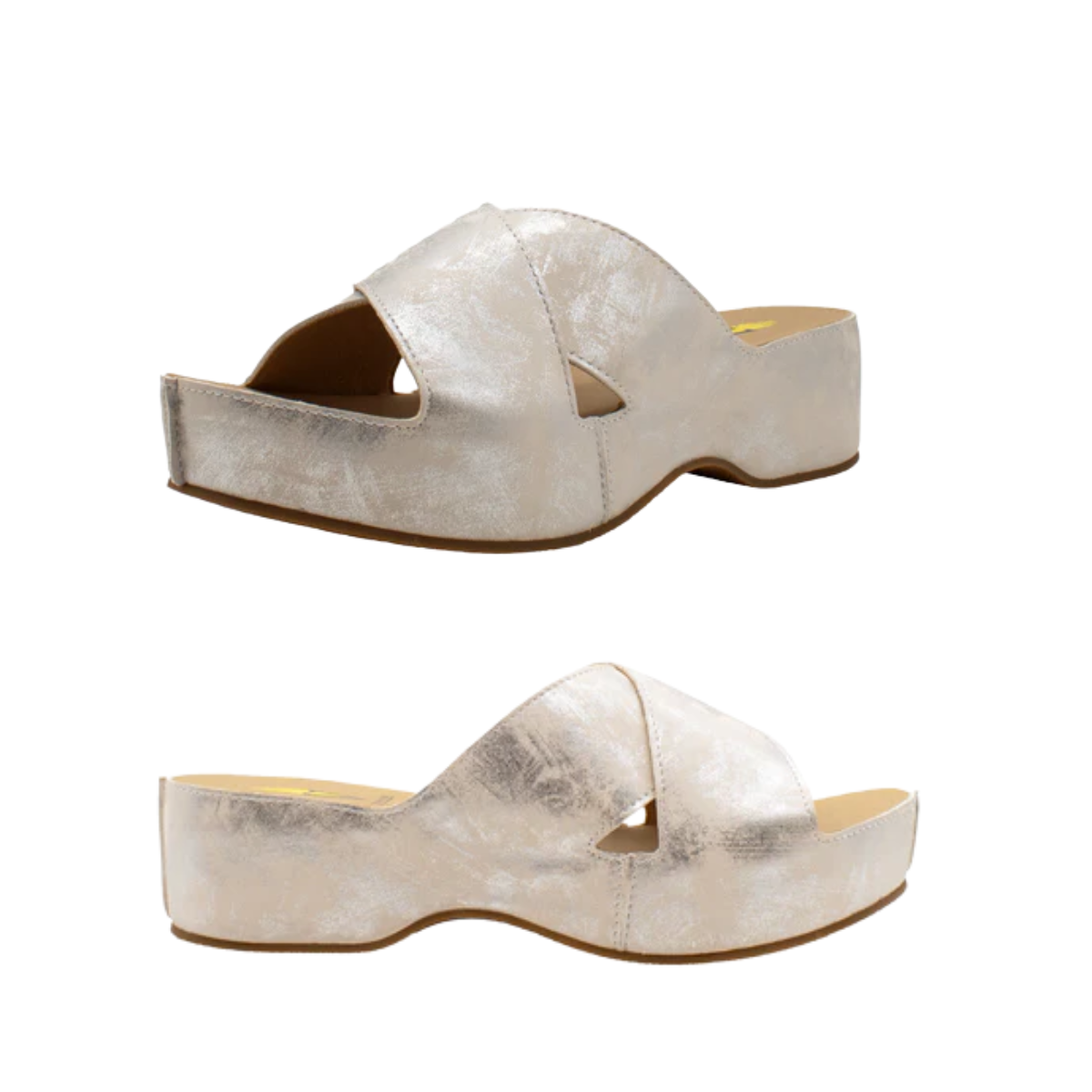 Edith Platform Sandals in Silver by Volatile feature crisscross straps, cut-out details, and a cushioned EVA insole, shown from side and top angles.