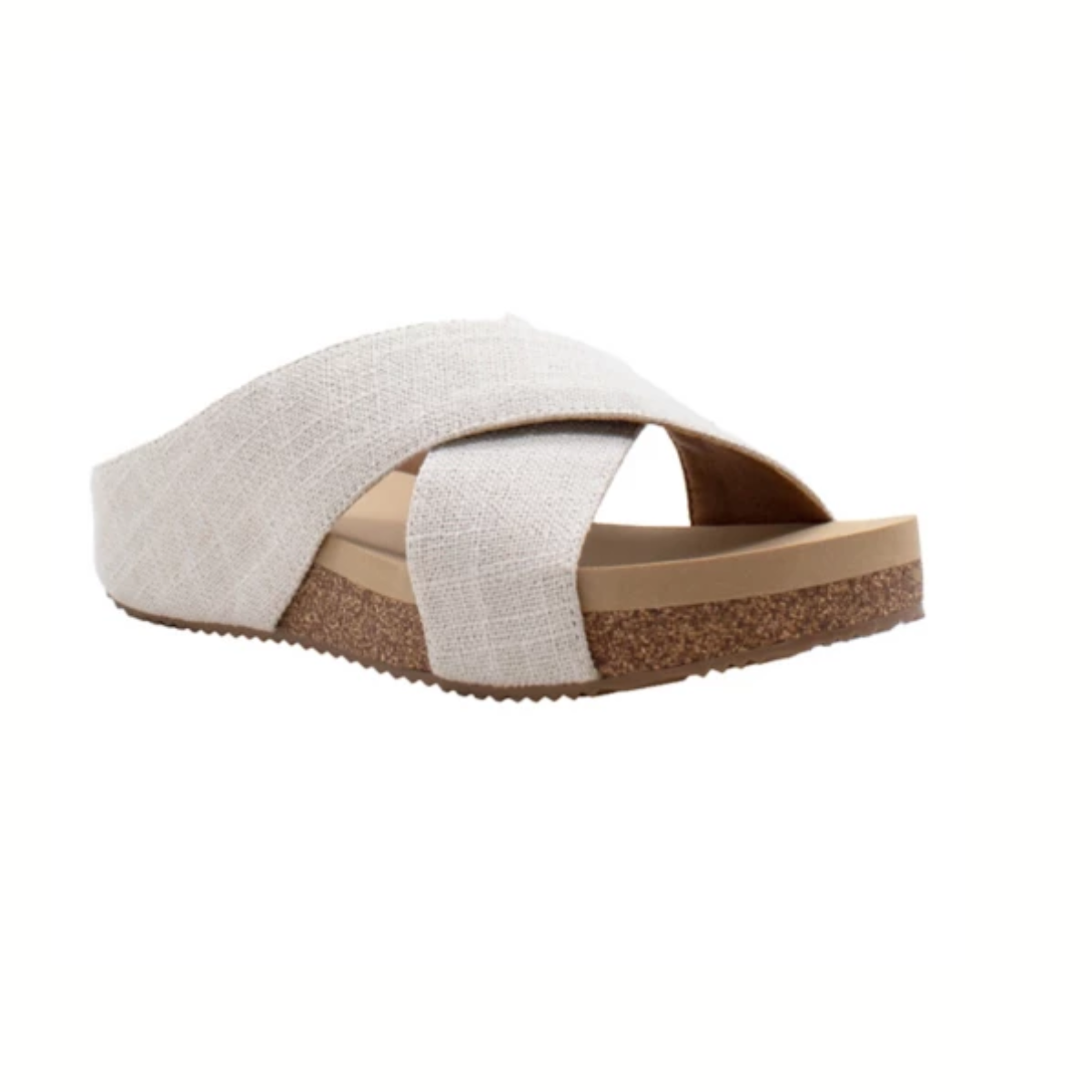 The Ablette Slide Sandal in Bone Linen by Volatile from PV Footwear features wide fabric crisscross straps, an ultra-comfort EVA insole, and a cork-textured sole, shown on a white background.