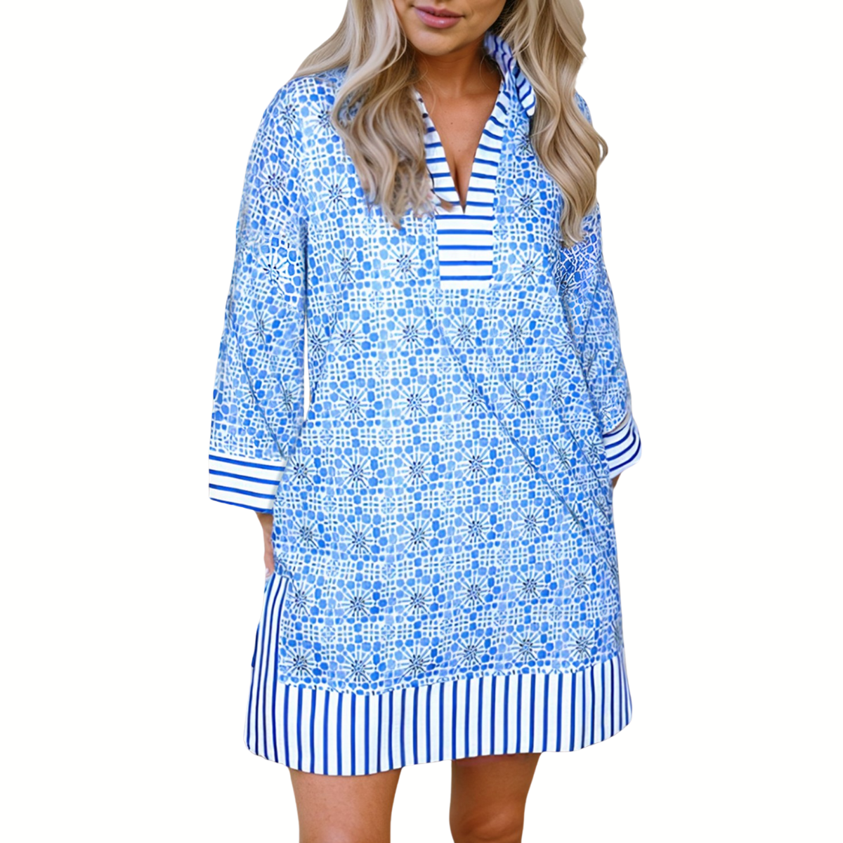 A woman models the FASHION GO Floral Striped Patchwork V Neck Mini Dress with striped trim on the collar, cuffs, and hem, against a white background.