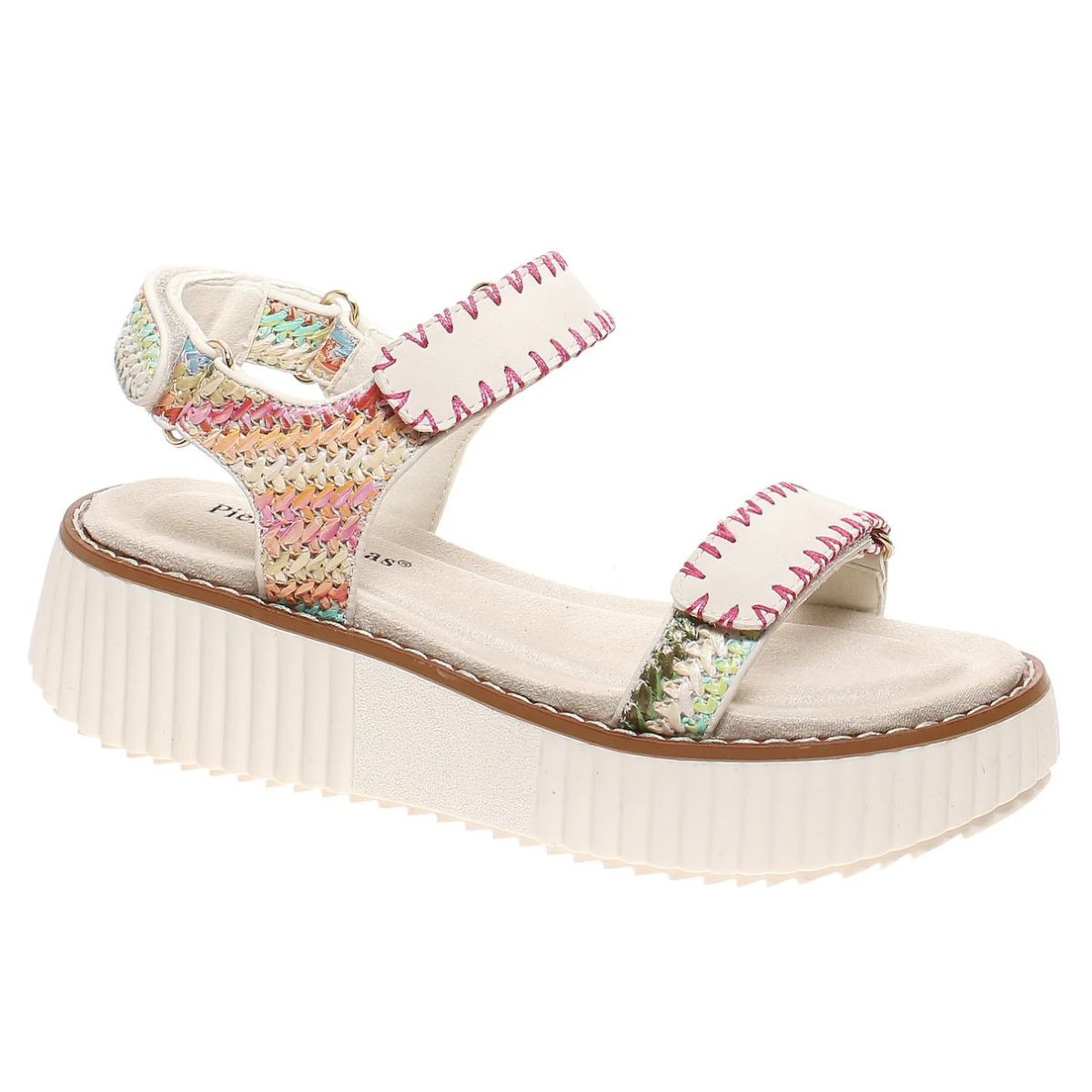 The Sweet-4 Platform Adjustable Strap Sandal in Fuchsia by OLEM SHOE CORP boasts multicolored braided straps, pink stitching, and an adjustable ankle strap for a perfect fit.