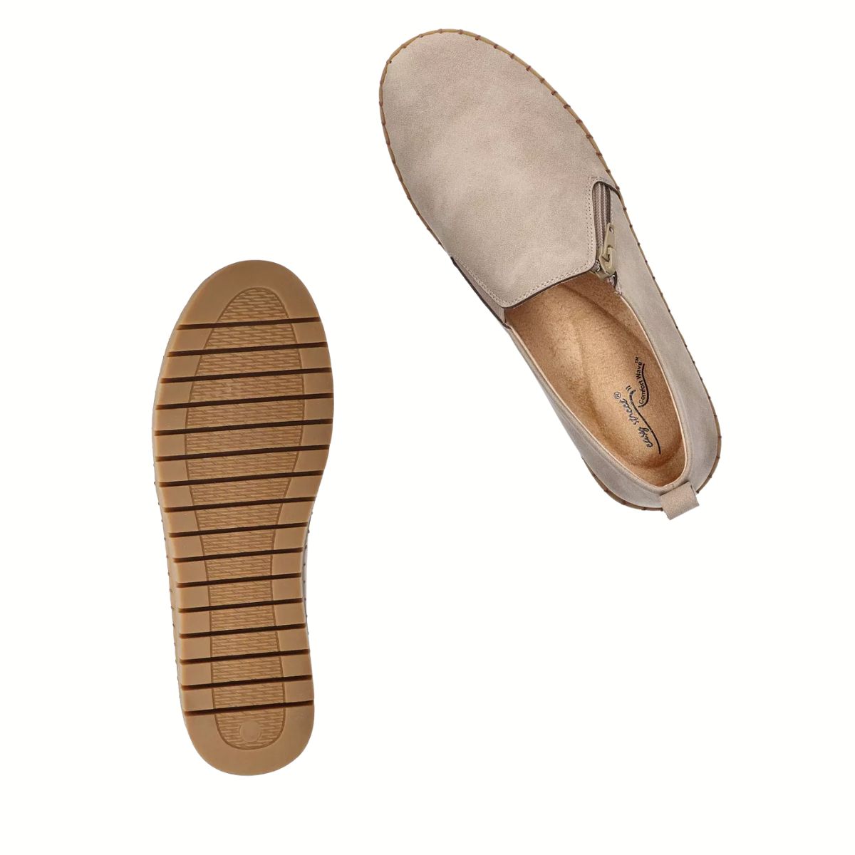 A top view of the EASY STREET Astoria Zip Up Flats in Natural is shown, featuring a side zipper, tan ridged rubber sole, and cushioned insole for comfort.