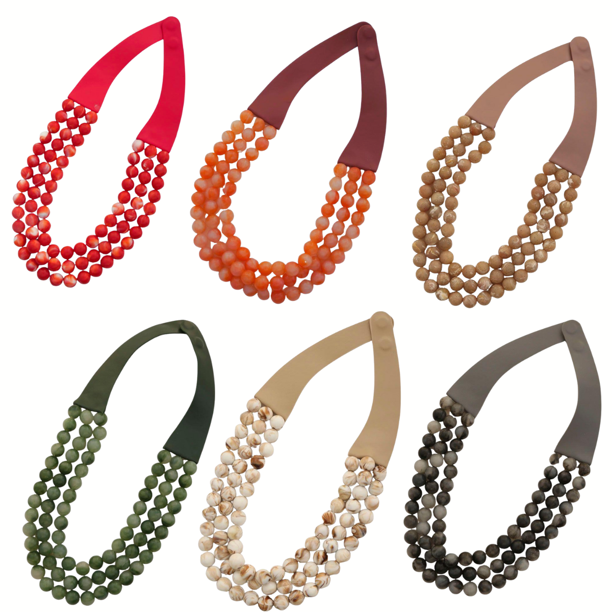 The Fashiongo Beaded Layered Magnetic Clasp Necklace comes in six vibrant colors—red, orange, brown, green, white, and dark brown. Each features a unique layered bead design with a sleek faux leather finish and an elegant semi-circular magnetic clasp.