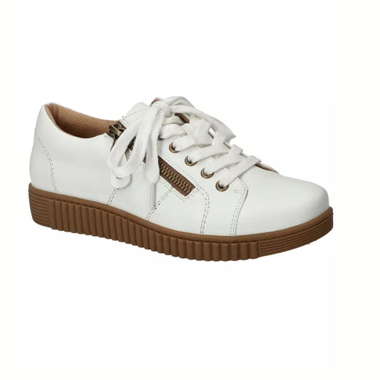 The EASY STREET Novie Sneaker is a white lace-up platform with a brown sole, side zipper, and Comfort Wave technology for all-day support, shown on a plain white background.