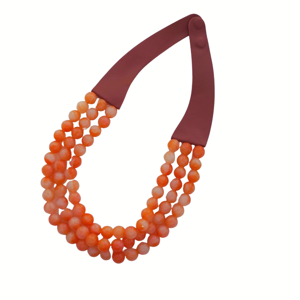 Fashiongo's Beaded Layered Magnetic Clasp Necklace features three strands of orange-layered beads, finished with dark red faux leather ends.