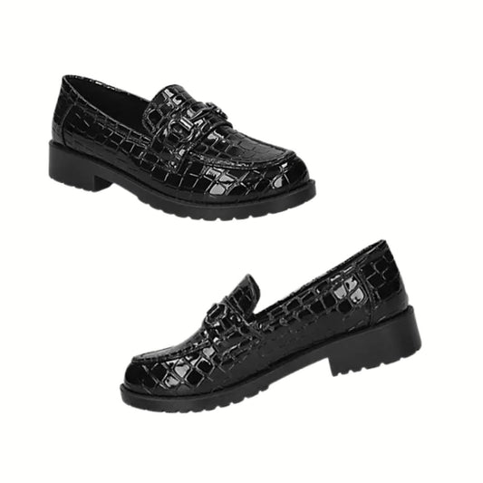 The EASY STREET Whitney Croco Patent Comfort Loafer features a black, crocodile-patterned design with low heels for all-day comfort, shown against a white background.