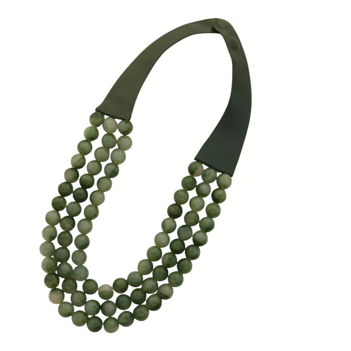 The Beaded Layered Magnetic Clasp Necklace by Fashiongo offers a touch of elegance with its green beads, featuring three strands and a wide ribbon clasp.
