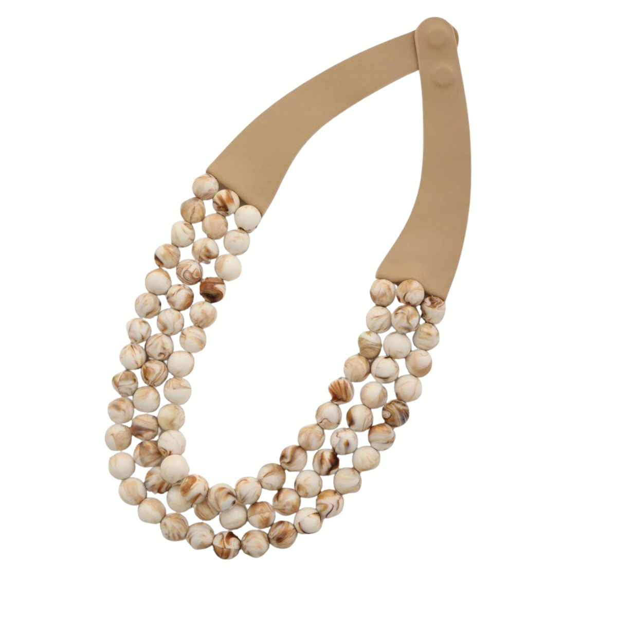 The Fashiongo Beaded Layered Magnetic Clasp Necklace offers a stunning three-strand design in assorted beige and brown marbled hues, elegantly fastened with a flat brown rectangular magnetic clasp.