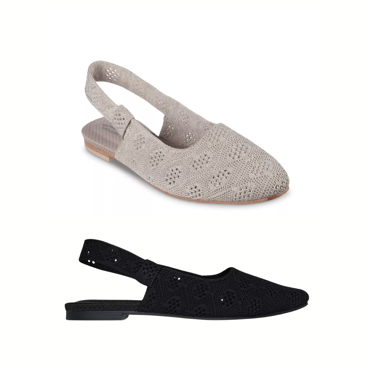 The Cleo Snip Sweet Time Sling Back Flats by SKECHERS come in beige and black, with textured patterns on a crisp white background and feature Skechers Memory Foam for added comfort.