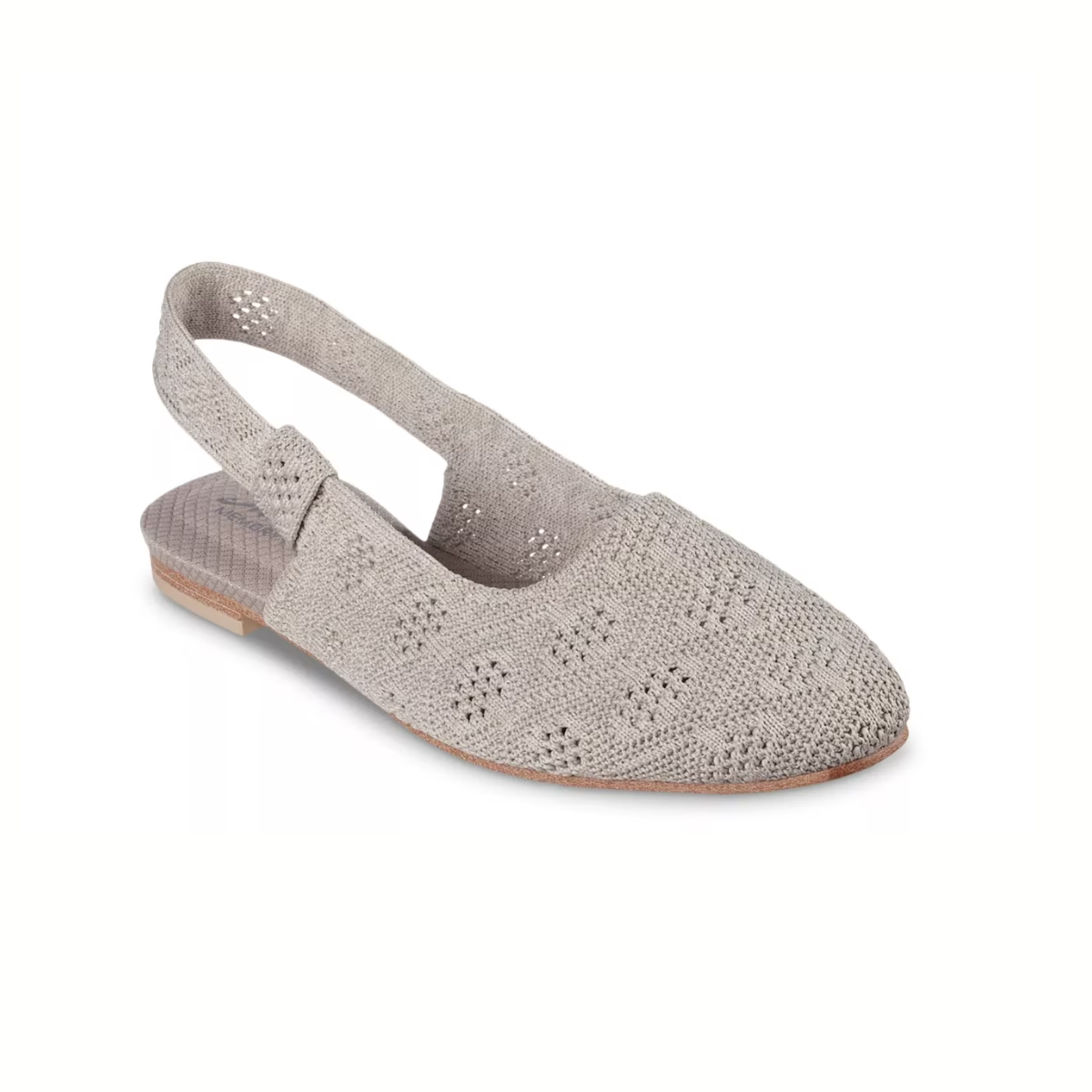 The Cleo Snip Sweet Time Slingback Flat by SKECHERS features a light gray crochet design and a memory foam insole, offering optimal comfort. This closed-toe shoe combines style and ease with its low heel, making it perfect for any occasion.