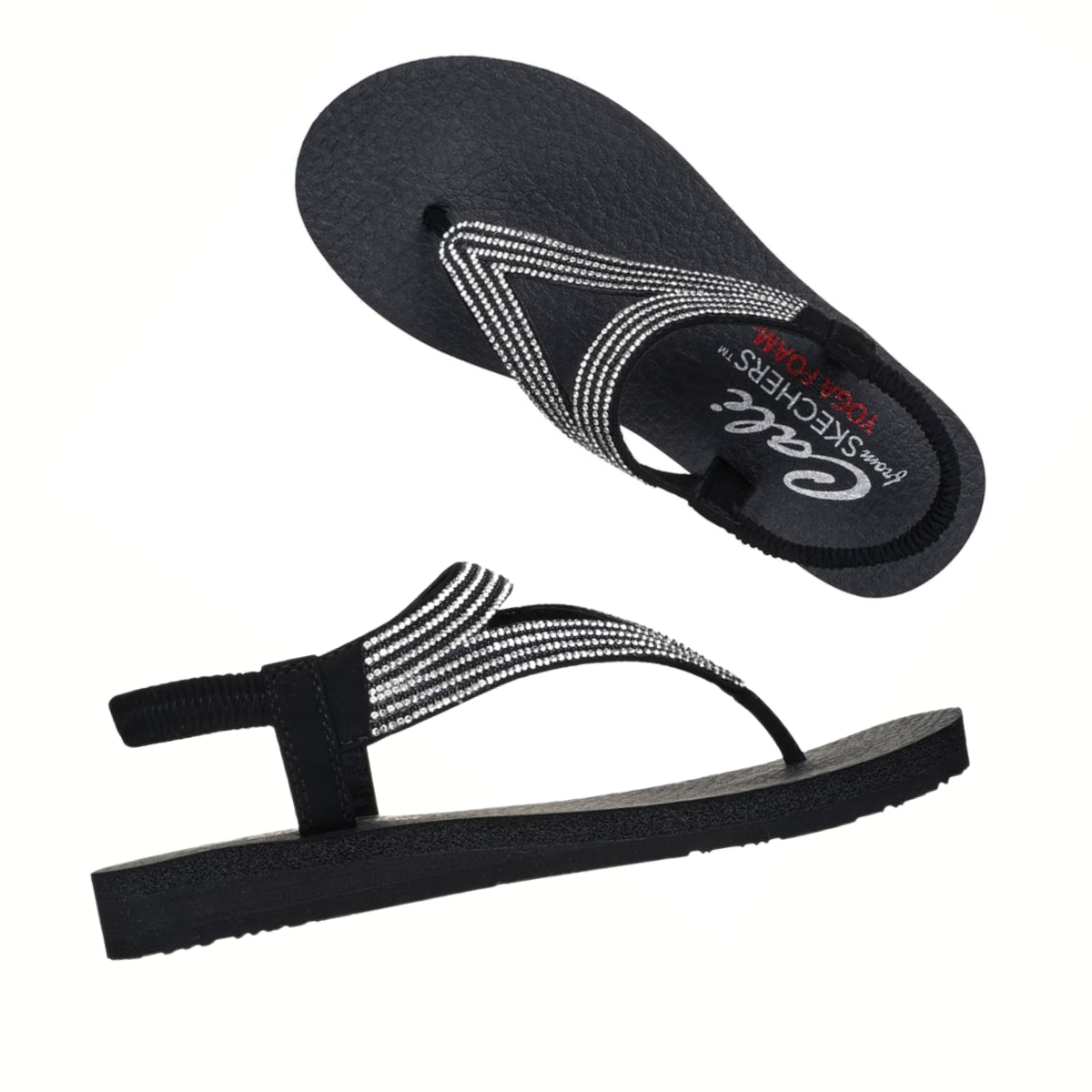 Explore ultimate style and comfort with SKECHERS' Meditation - Vibrant Glow Black Squishy Sandals, offering textured soles and rhinestone-adorned straps. From the Cali collection, these sandals feature a supportive back strap and Yoga Foam for all-day chic.