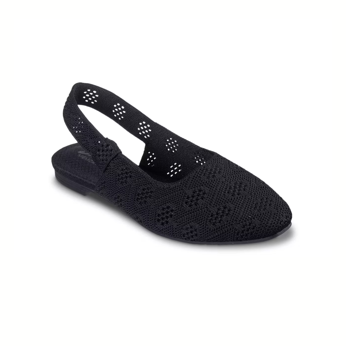 The Cleo Snip Sweet Time Sling Back Flat by SKECHERS is a black slingback shoe featuring a woven texture, low heel, closed toe, decorative perforations, and a Skechers Memory Foam footbed for all-day comfort and style.