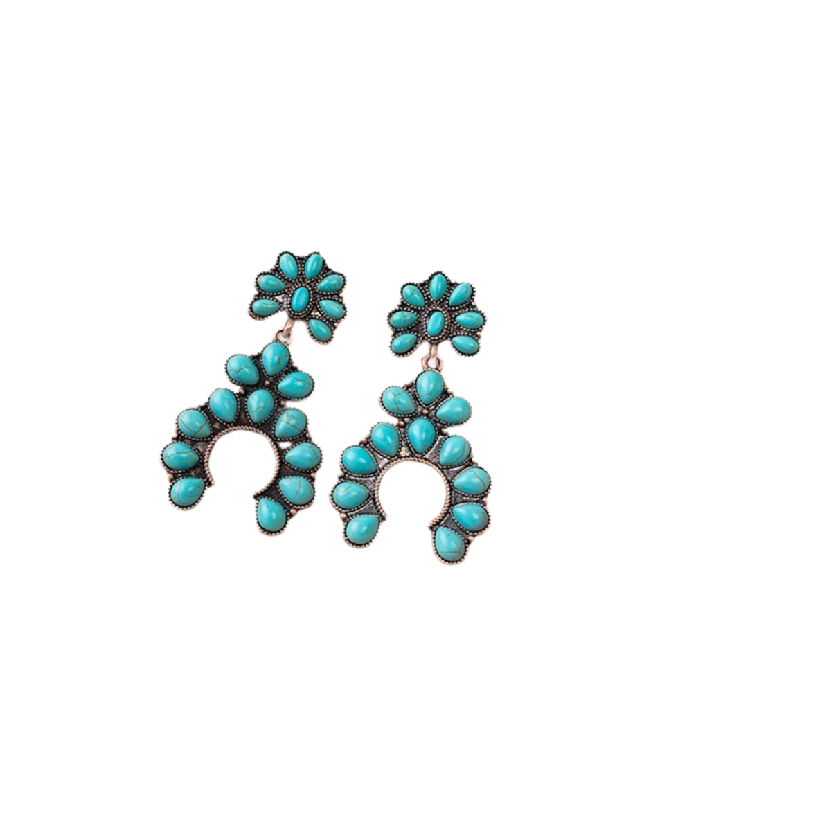 FASHION GO Squash Blossom Earrings in silver feature turquoise stones set in floral and crescent designs against a white background.