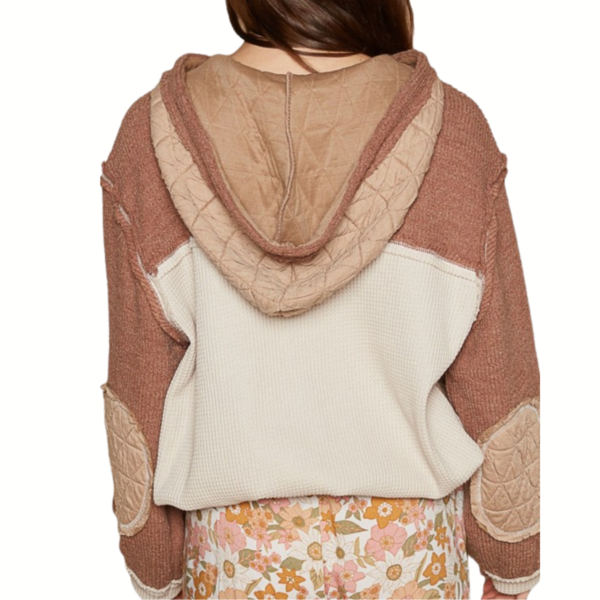 A person wearing the POL Quilted Jacket with Hoodie featuring color-blocked thermal fabric, quilted details, and matching elbow patches, paired with a floral skirt. Back view shown—ideal inspiration for fall layering.