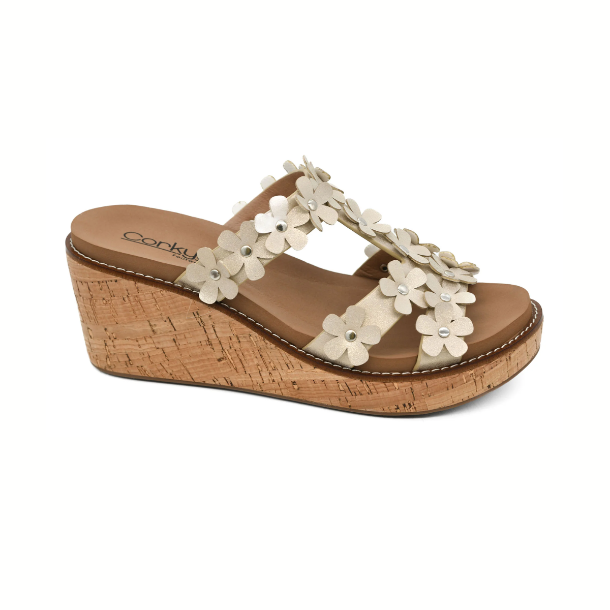 Chic Mic Drop Wedge in Soft Gold Metallic by Corky's features floral straps and a comfy cork heel by CORKY'S FOOTWEAR INC.