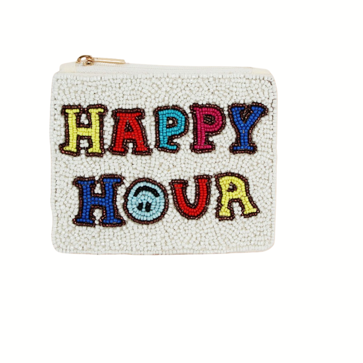 The Seed Bead Accented Mini Pouch Bag Assorted by Wona Trading features white beads with colorful "HAPPY HOUR" lettering—a stylish small pouch or a fun gift for fashion lovers.
