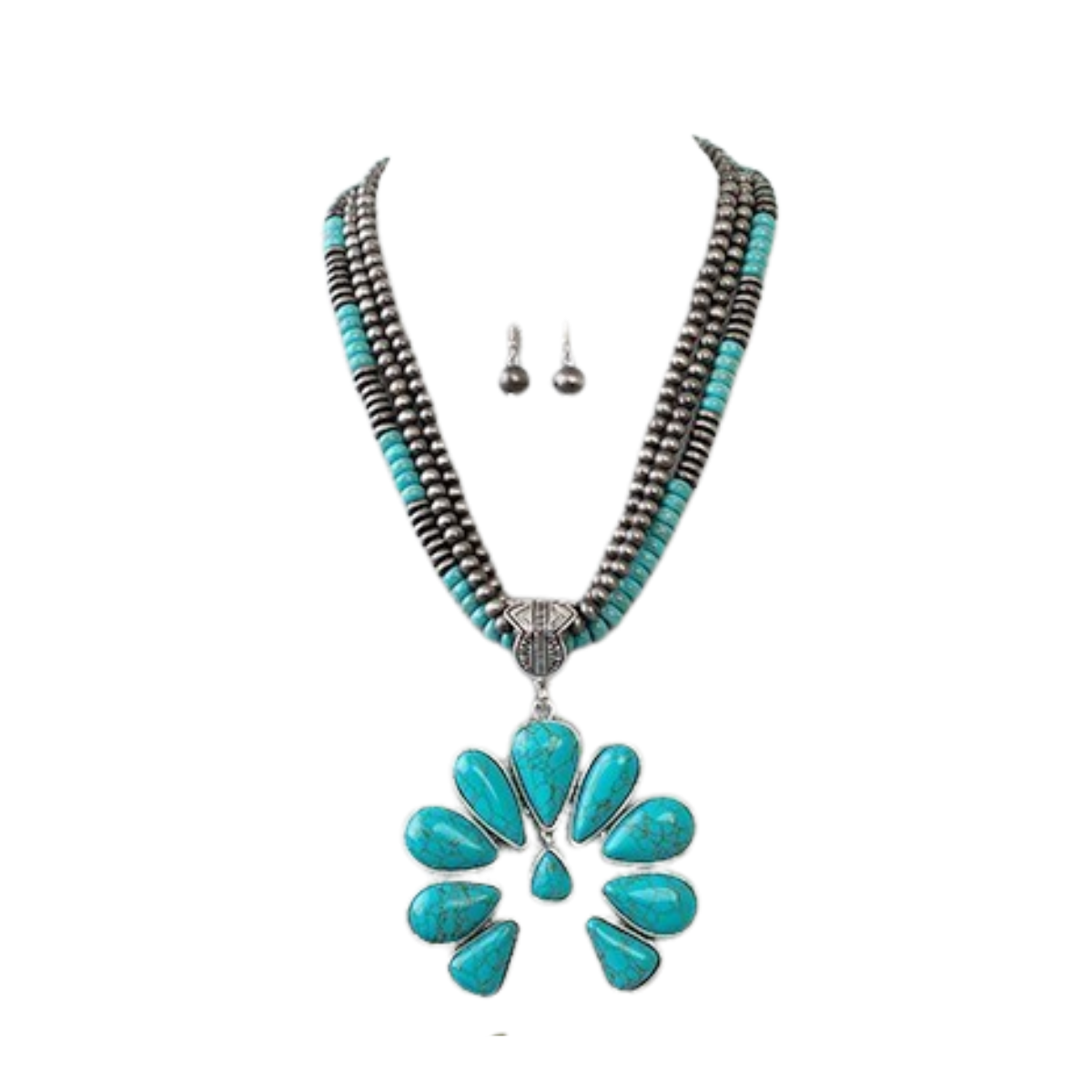 The Layered Squash Blossom Necklace by FASHION GO features turquoise and silver beads with a large flower-shaped pendant, inspired by classic designs, and comes with matching silver drop earrings.