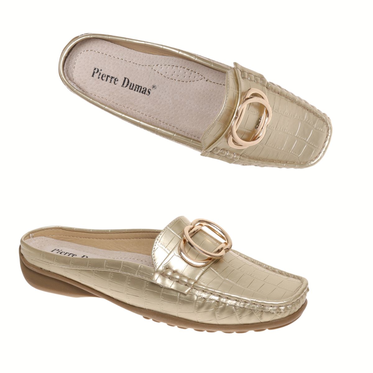 The Olem Hazel-38 Open Back Loafer is a beige slip-on with a croco pattern, gold buckle detail, and brand logo on the insole.